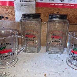 Holiday jars (2) with lids and mugs (2)